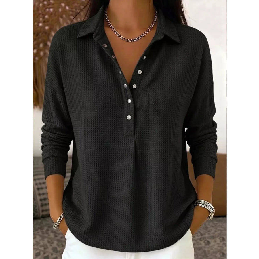 Waffle Knit Snap Down Blouse Black / S Apparel and Accessories