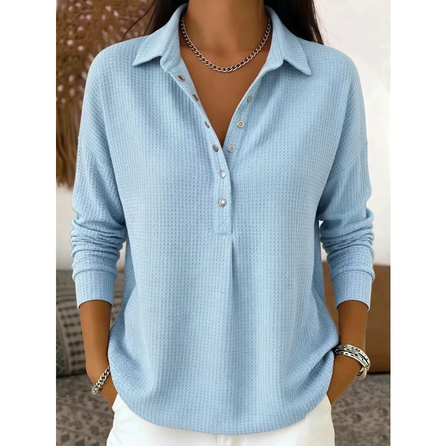 Waffle Knit Snap Down Blouse Light Blue / S Apparel and Accessories