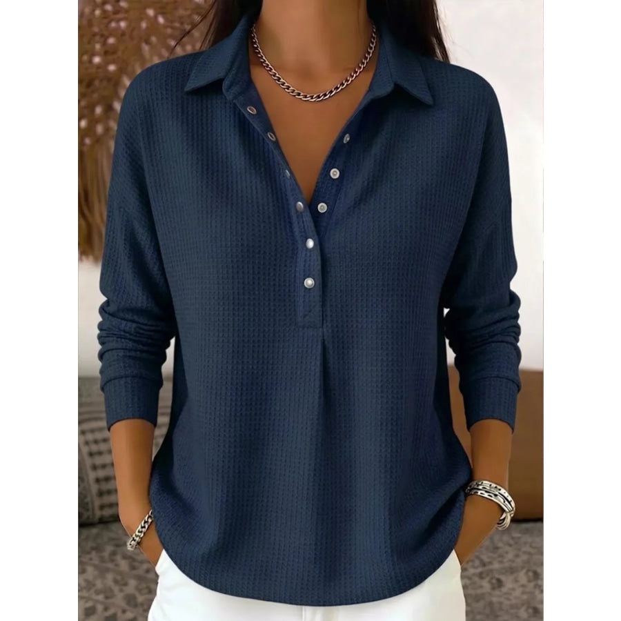 Waffle Knit Snap Down Blouse Navy Blue / S Apparel and Accessories