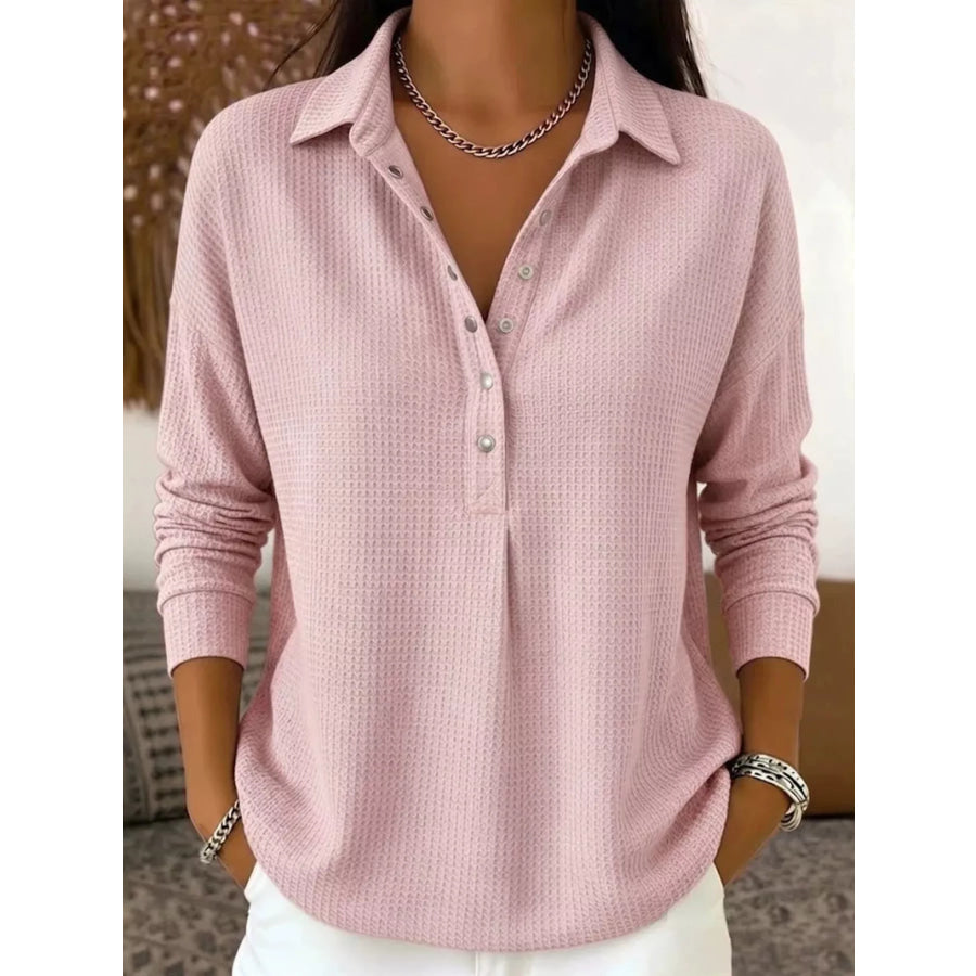 Waffle Knit Snap Down Blouse Pink / S Apparel and Accessories