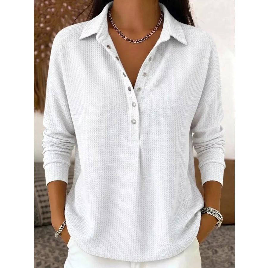 Waffle Knit Snap Down Blouse White / S Apparel and Accessories