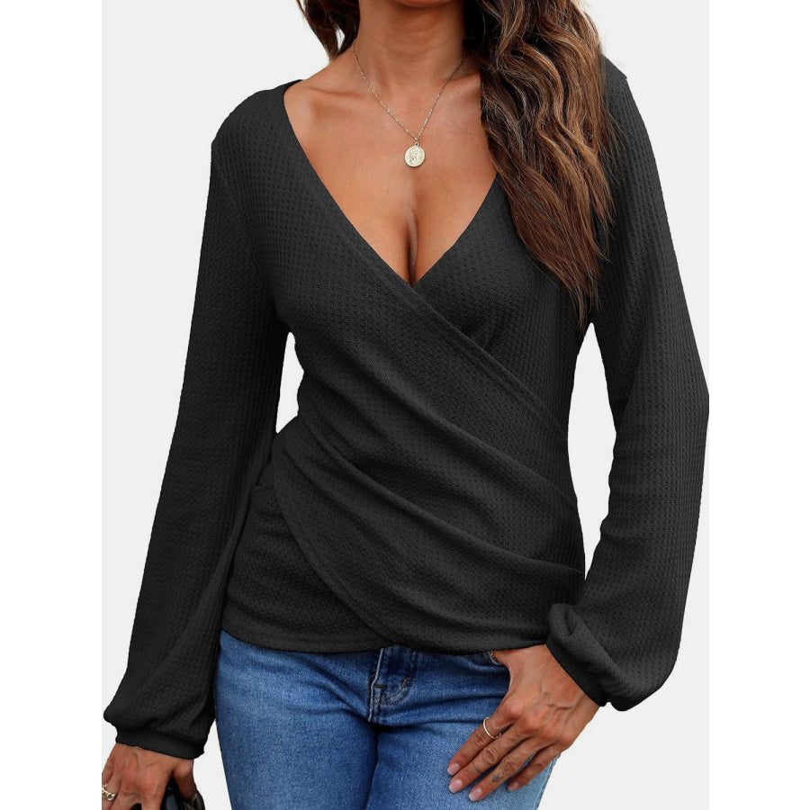 Waffle Knit Surplice Long Sleeve T-Shirt Apparel and Accessories