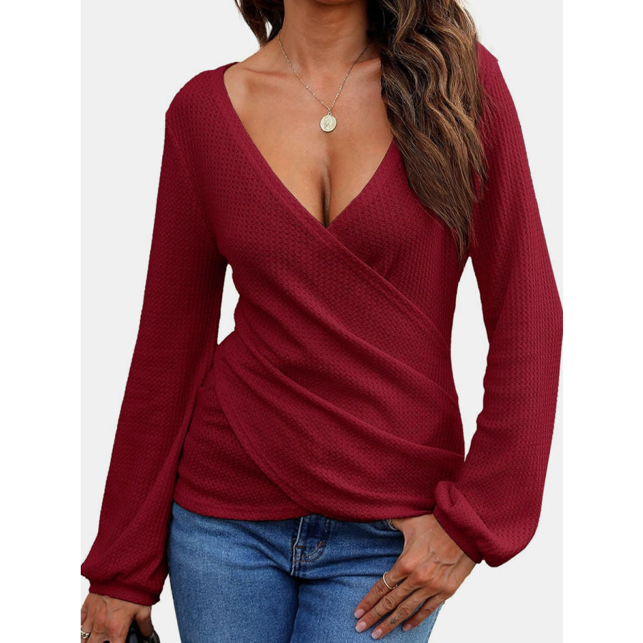 Waffle Knit Surplice Long Sleeve T-Shirt Apparel and Accessories