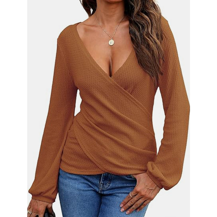 Waffle Knit Surplice Long Sleeve T-Shirt Apparel and Accessories