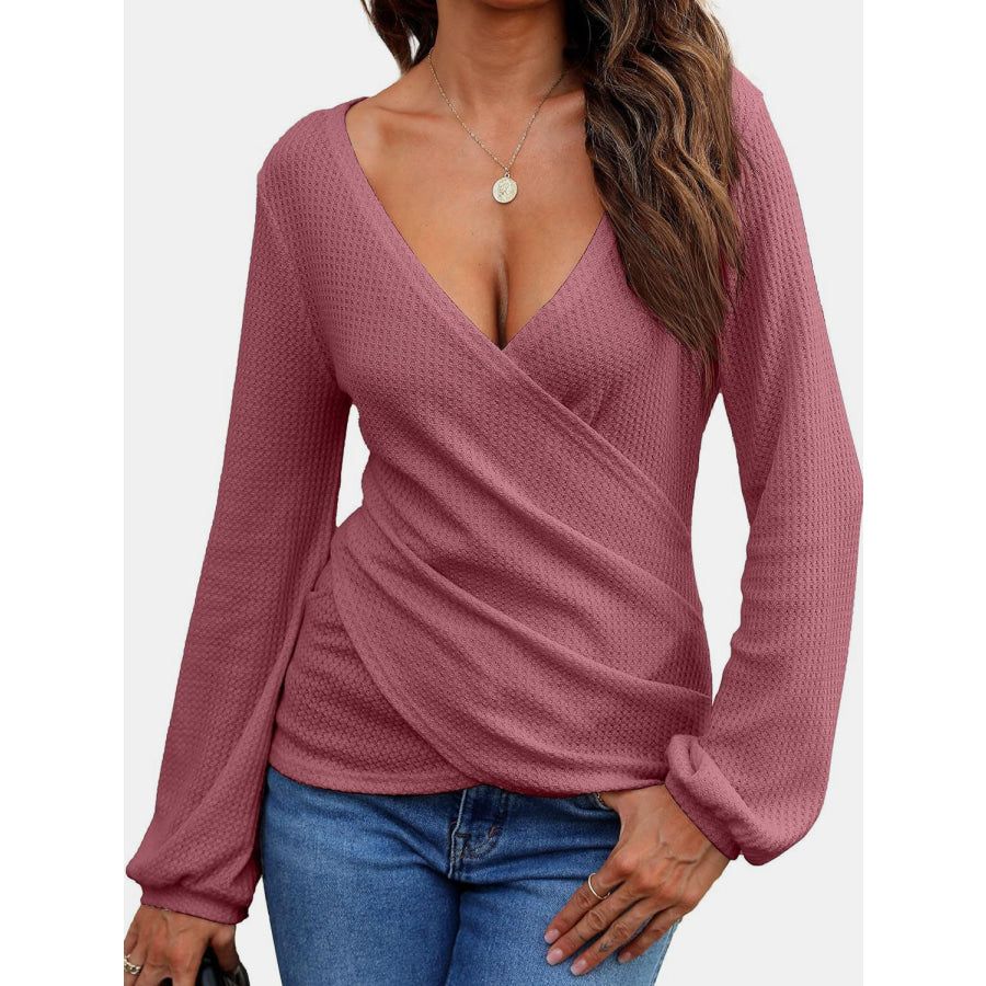 Waffle Knit Surplice Long Sleeve T-Shirt Apparel and Accessories