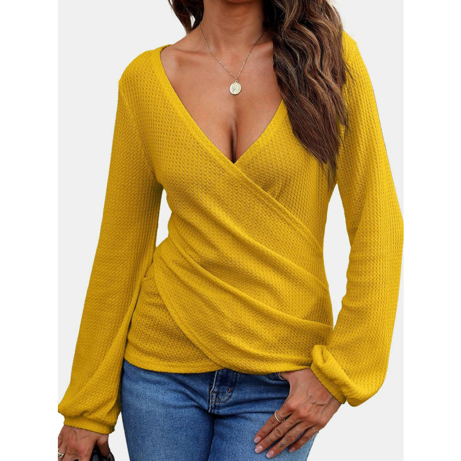 Waffle Knit Surplice Long Sleeve T-Shirt Apparel and Accessories