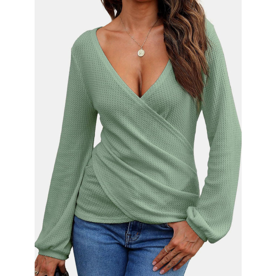 Waffle Knit Surplice Long Sleeve T-Shirt Apparel and Accessories