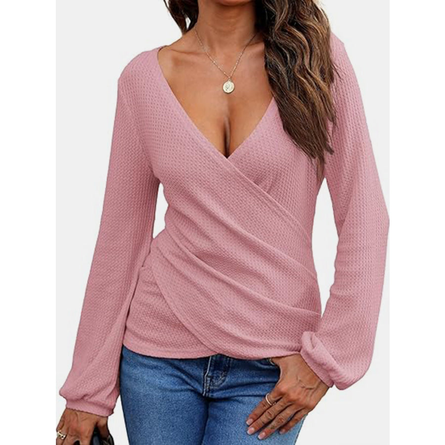 Waffle Knit Surplice Long Sleeve T-Shirt Blush Pink / S Apparel and Accessories