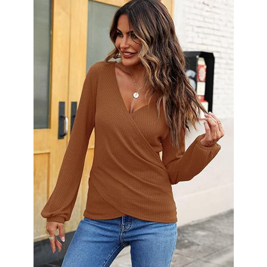 Waffle Knit Surplice Long Sleeve T-Shirt Caramel / S Apparel and Accessories