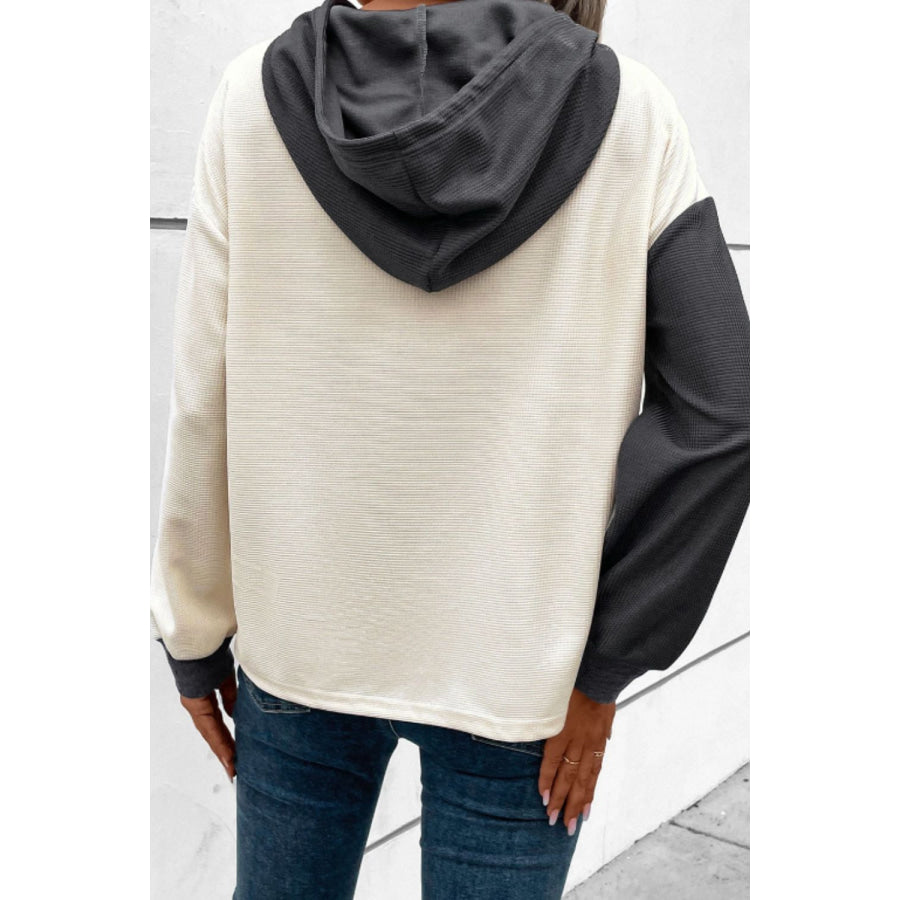 Waffle-Knit Two-Tone Long Sleeve Hoodie Apparel and Accessories