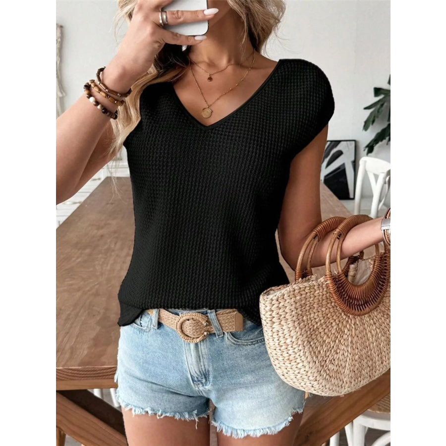 Waffle Knit V-Neck Cap Sleeve Top Apparel and Accessories