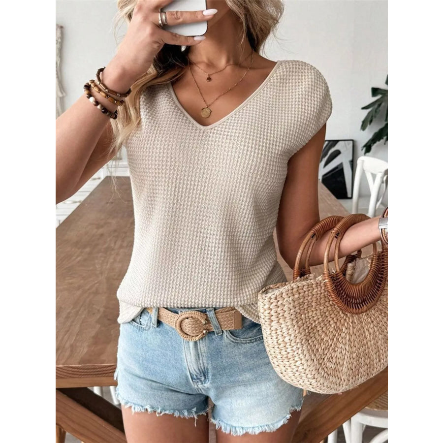 Waffle Knit V-Neck Cap Sleeve Top Apparel and Accessories