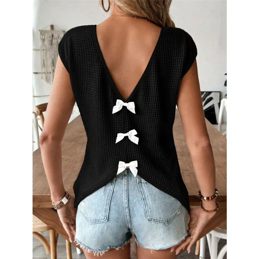 Waffle Knit V-Neck Cap Sleeve Top Apparel and Accessories