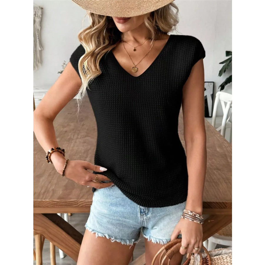 Waffle Knit V-Neck Cap Sleeve Top Black / S Apparel and Accessories
