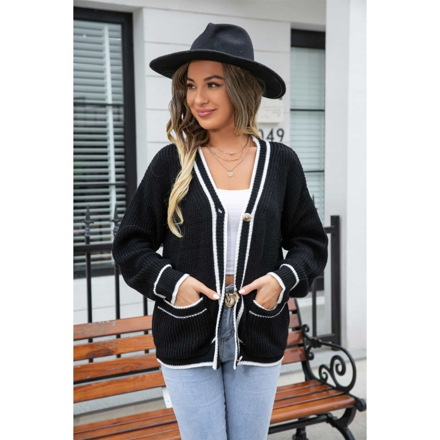 Waffle Knit V-Neck Cardigan with Pocket Black / S