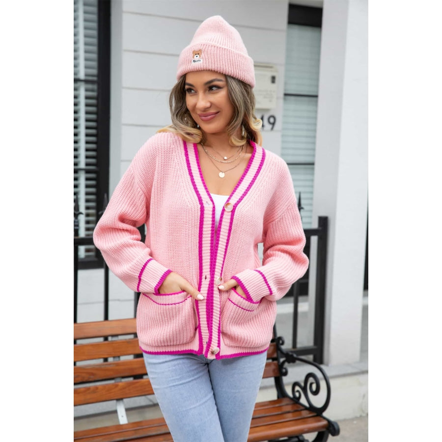 Waffle Knit V-Neck Cardigan with Pocket Blush Pink / S