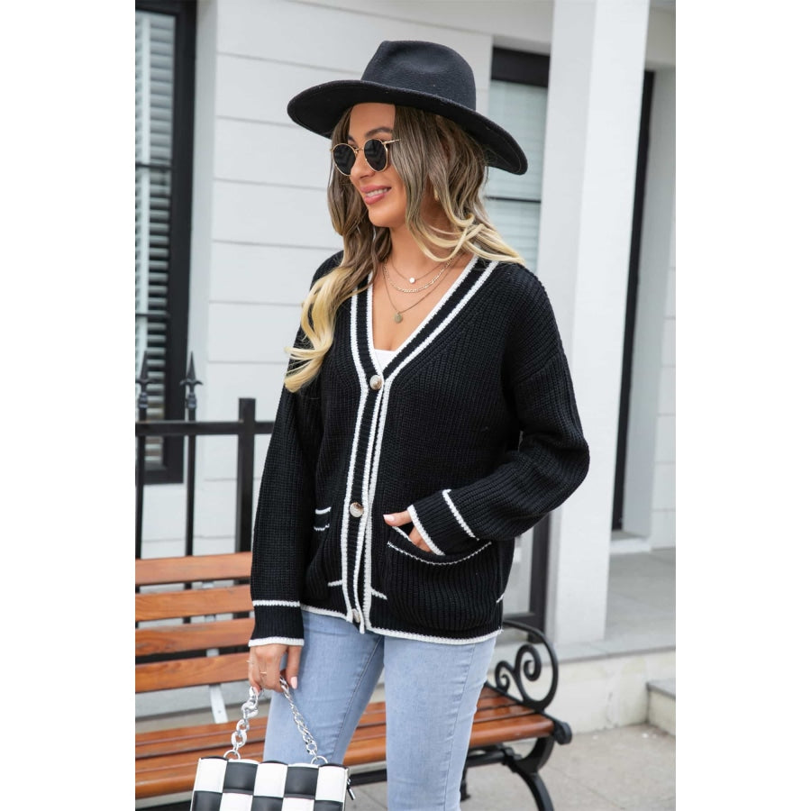 Waffle Knit V-Neck Cardigan with Pocket