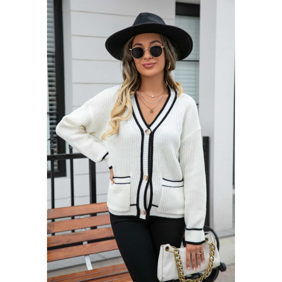 Waffle Knit V-Neck Cardigan with Pocket White / S