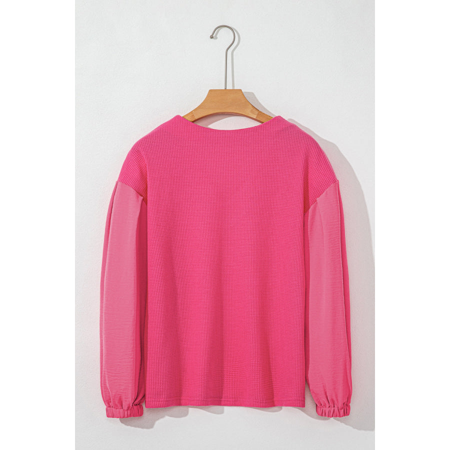 Waffle-Knit V-Neck Long Sleeve Blouse Apparel and Accessories