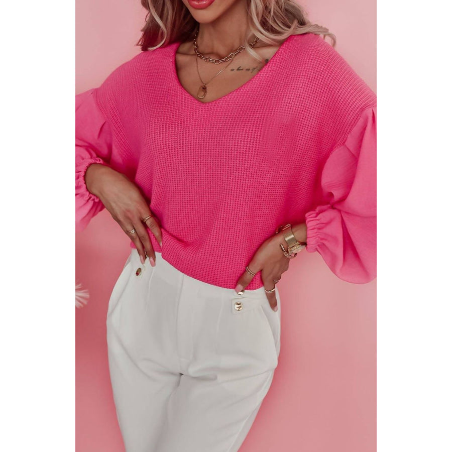 Waffle-Knit V-Neck Long Sleeve Blouse Apparel and Accessories