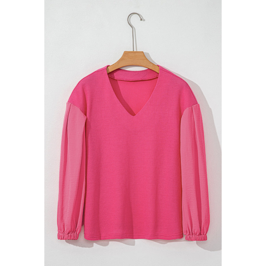 Waffle-Knit V-Neck Long Sleeve Blouse Apparel and Accessories