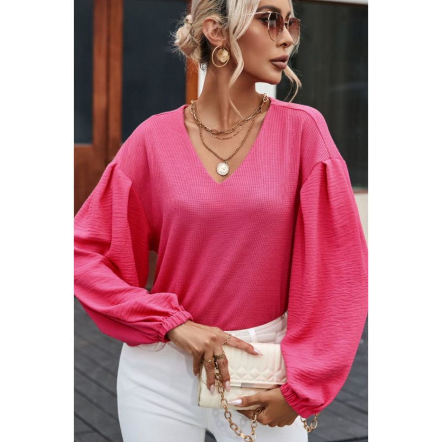 Waffle-Knit V-Neck Long Sleeve Blouse Apparel and Accessories