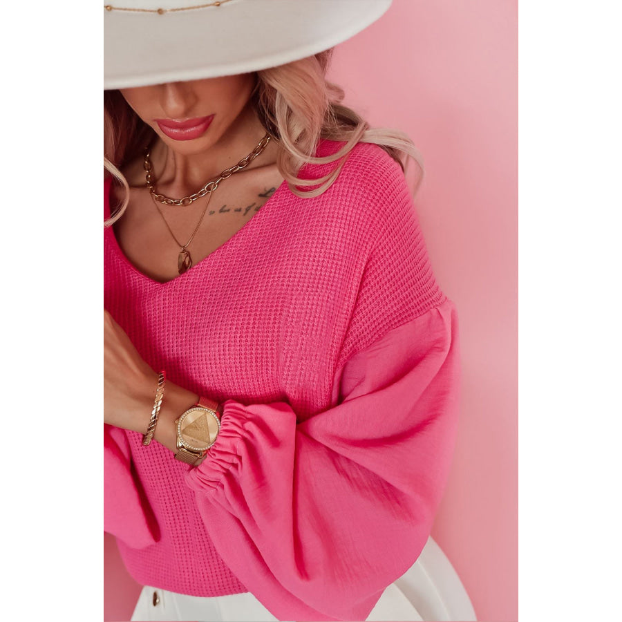 Waffle-Knit V-Neck Long Sleeve Blouse Apparel and Accessories