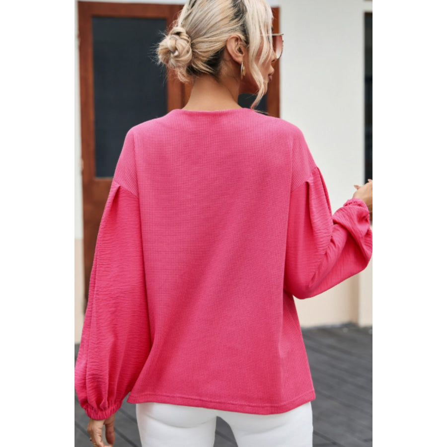 Waffle-Knit V-Neck Long Sleeve Blouse Apparel and Accessories