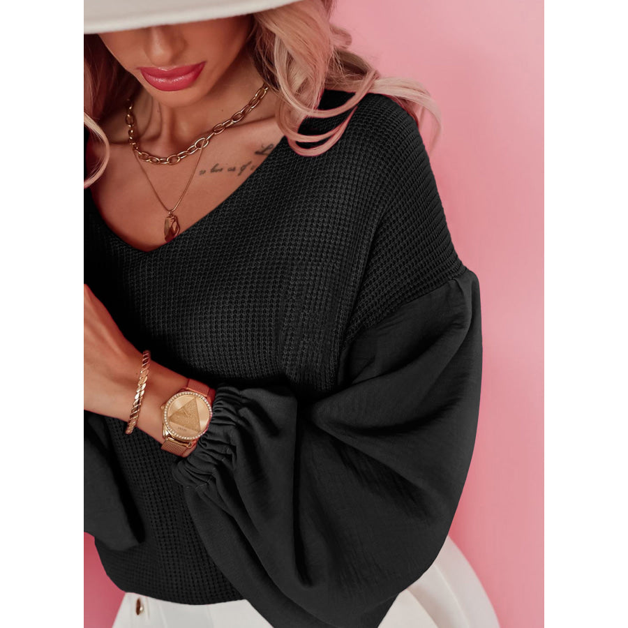 Waffle-Knit V-Neck Long Sleeve Blouse Apparel and Accessories