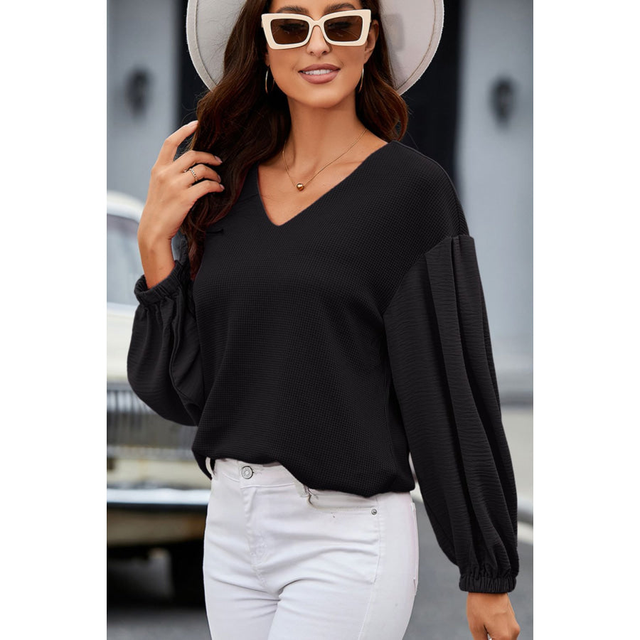 Waffle-Knit V-Neck Long Sleeve Blouse Apparel and Accessories