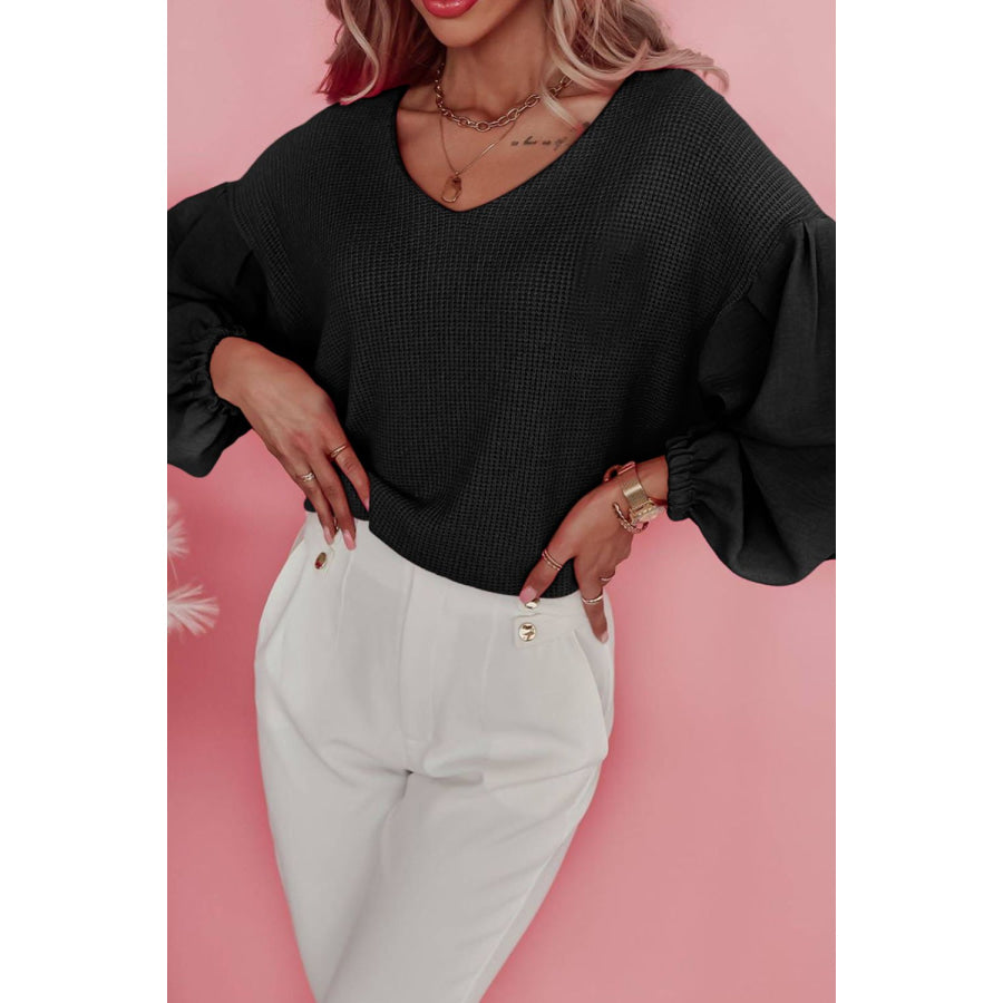 Waffle-Knit V-Neck Long Sleeve Blouse Black / S Apparel and Accessories