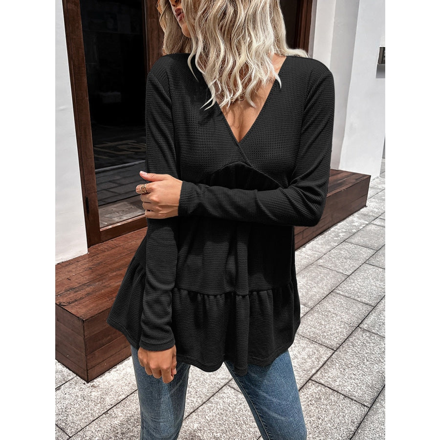 Waffle-knit V-Neck Long Sleeve Blouse Black / S