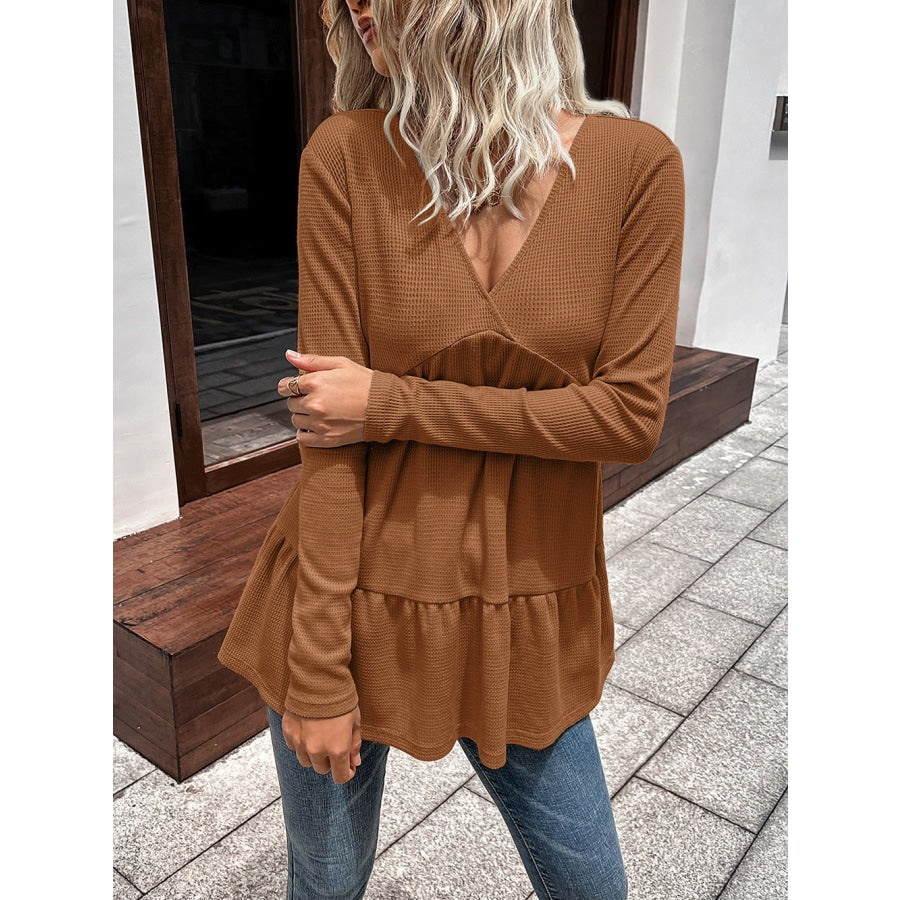 Waffle-knit V-Neck Long Sleeve Blouse Caramel / S