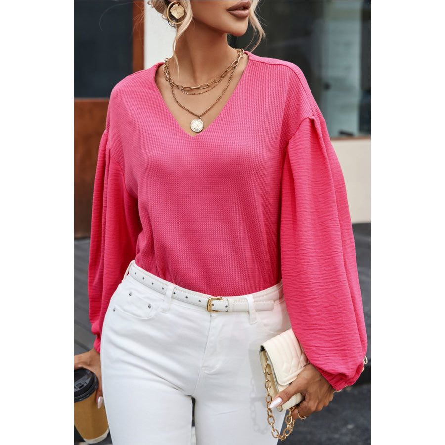 Waffle-Knit V-Neck Long Sleeve Blouse Hot Pink / S Apparel and Accessories