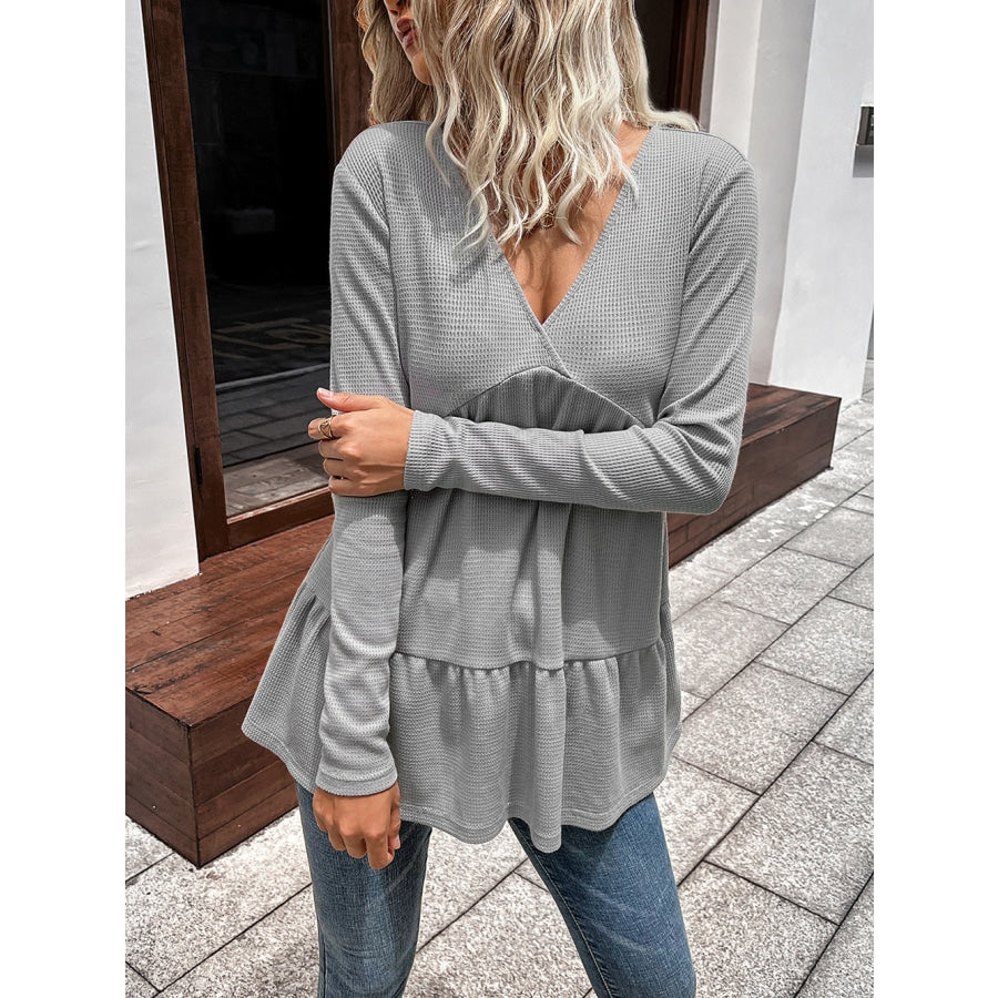 Waffle-knit V-Neck Long Sleeve Blouse Light Gray / S