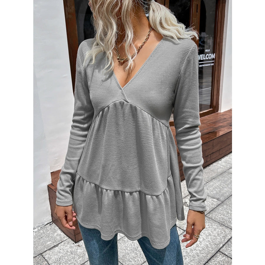 Waffle-knit V-Neck Long Sleeve Blouse