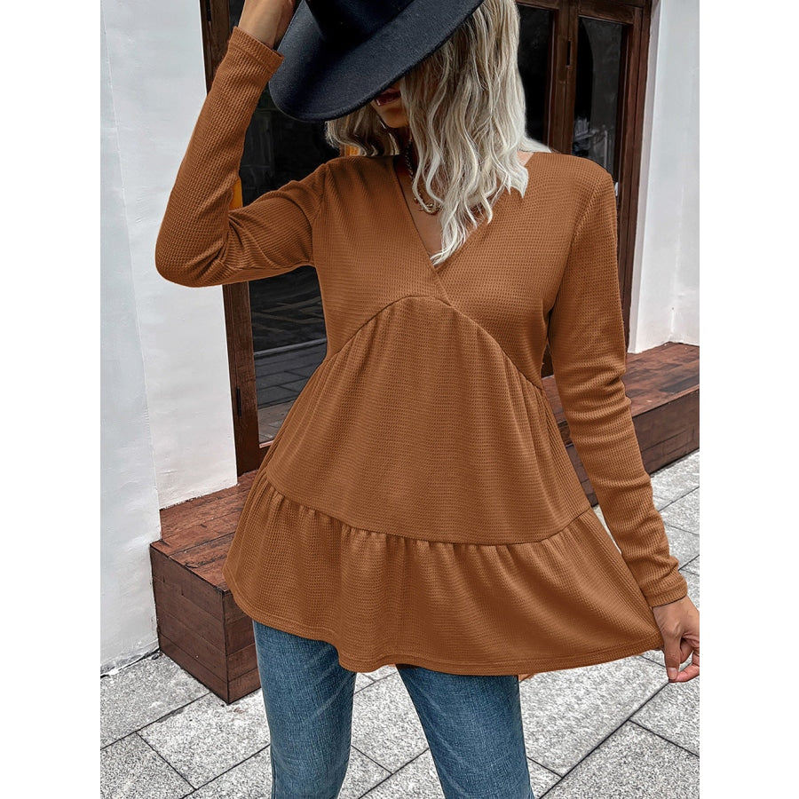 Waffle-knit V-Neck Long Sleeve Blouse