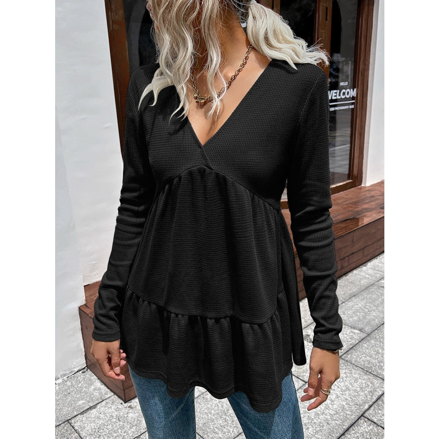 Waffle-knit V-Neck Long Sleeve Blouse