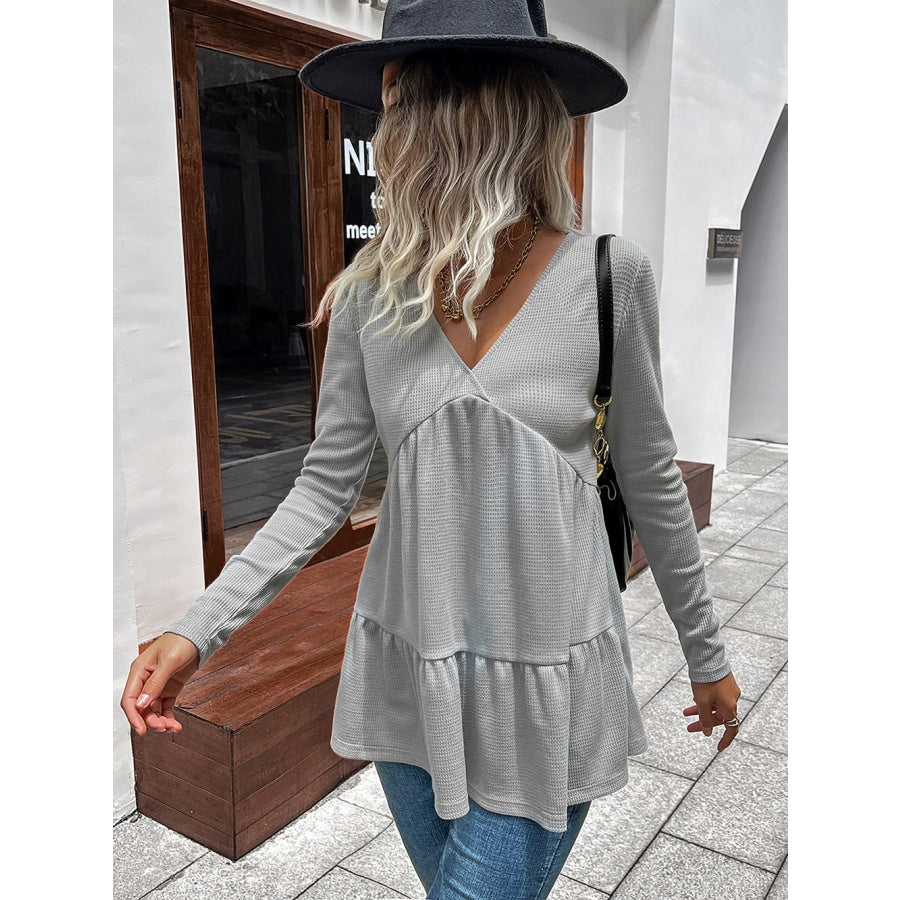 Waffle-knit V-Neck Long Sleeve Blouse