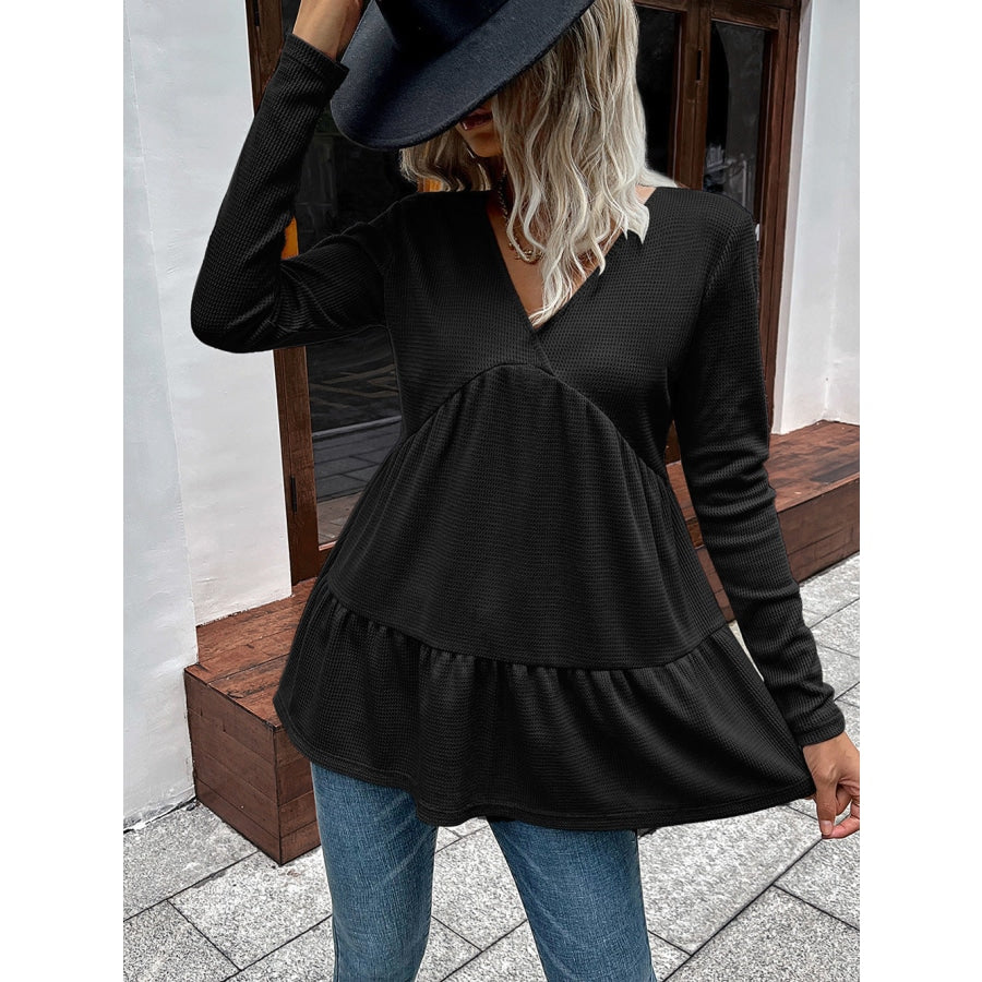 Waffle-knit V-Neck Long Sleeve Blouse