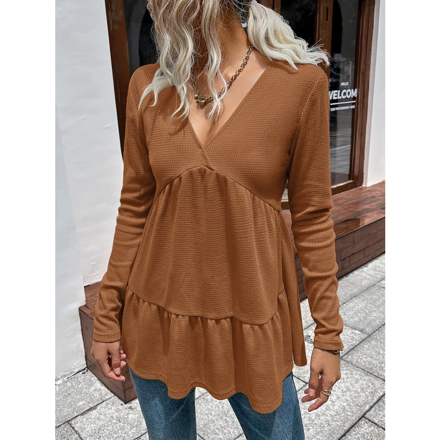 Waffle-knit V-Neck Long Sleeve Blouse