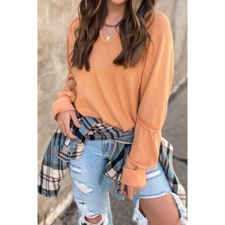 Waffle Knit V-Neck Long Sleeve T-Shirt Clothing