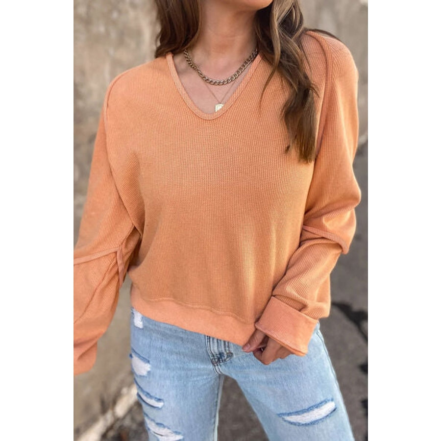 Waffle Knit V-Neck Long Sleeve T-Shirt Sherbet / S Clothing