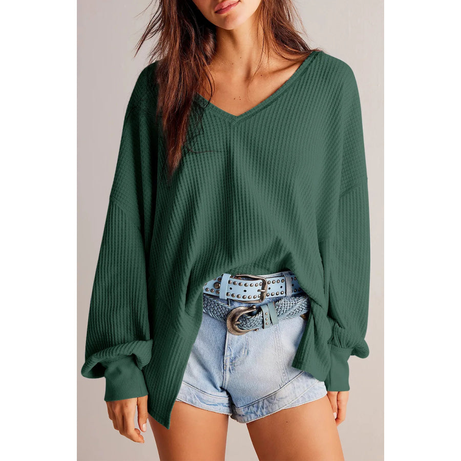 Waffle-Knit V-Neck Long Sleeve Top Dark Green / 2XL Apparel and Accessories