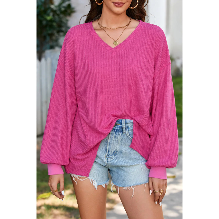 Waffle-Knit V-Neck Long Sleeve Top Fuchsia Pink / 2XL Apparel and Accessories