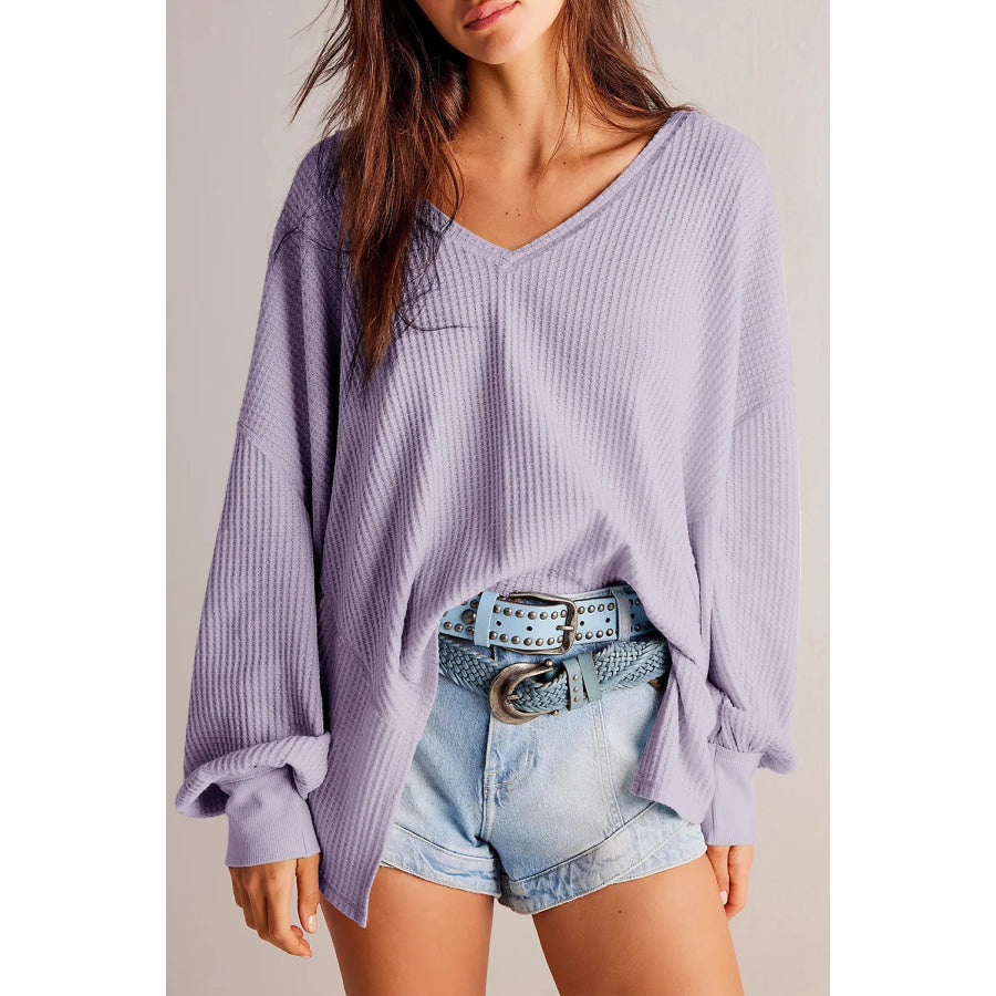 Waffle-Knit V-Neck Long Sleeve Top Lavender / XL Apparel and Accessories