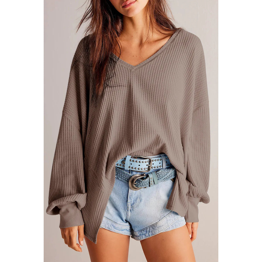 Waffle-Knit V-Neck Long Sleeve Top Mocha / L Apparel and Accessories