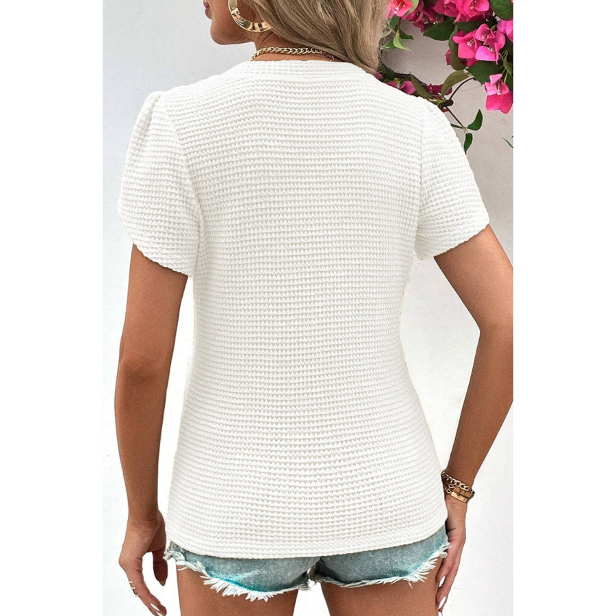Waffle-Knit V-Neck Short Sleeve Blouse Apparel and Accessories