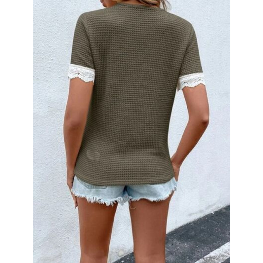 Waffle - Knit V - Neck Short Sleeve Blouse Apparel and Accessories