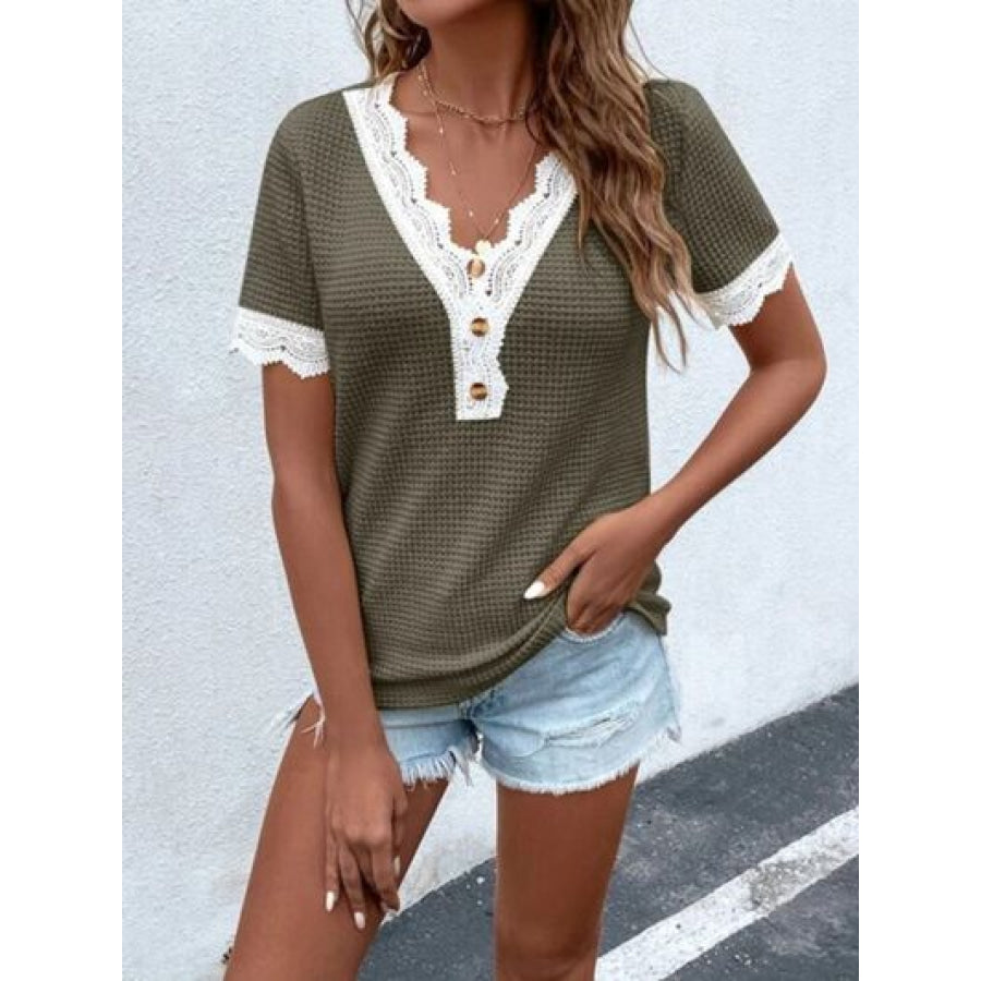 Waffle - Knit V - Neck Short Sleeve Blouse Apparel and Accessories